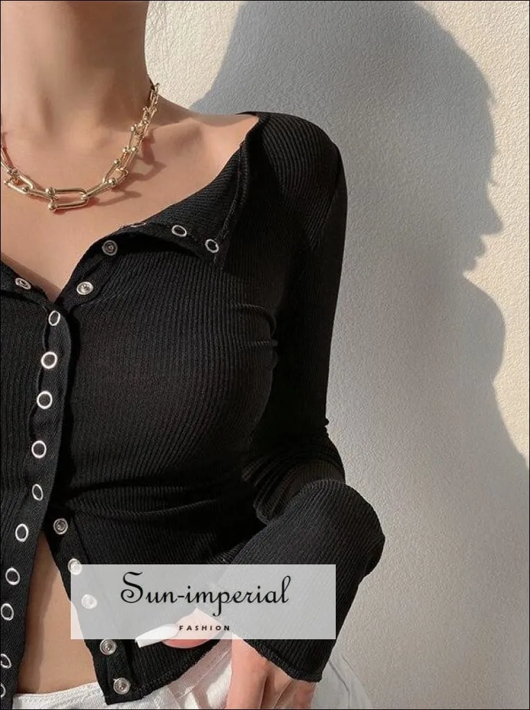 Black Single Breasted Translucent Long Sleeved Crop T-shirt Ribbed top