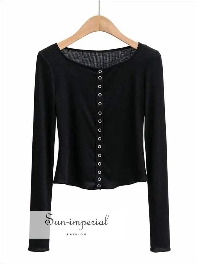 Black Single Breasted Translucent Long Sleeved Crop T-shirt Ribbed top