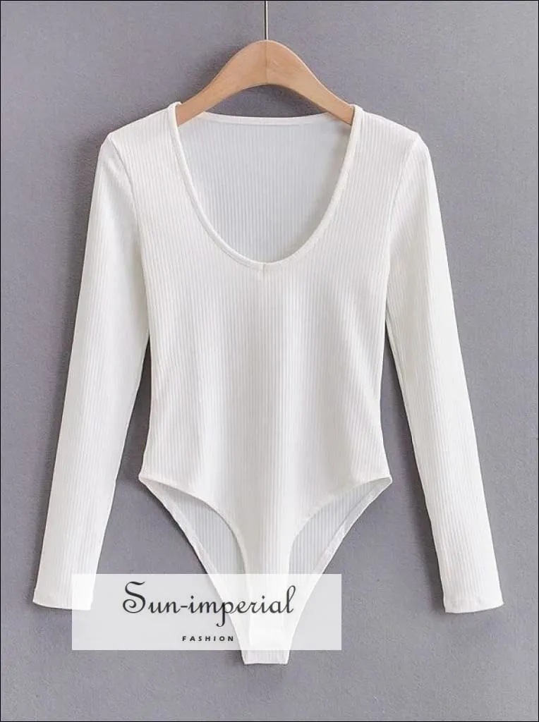 Brown V Neck Long Sleeve Ribbed Bodysuit