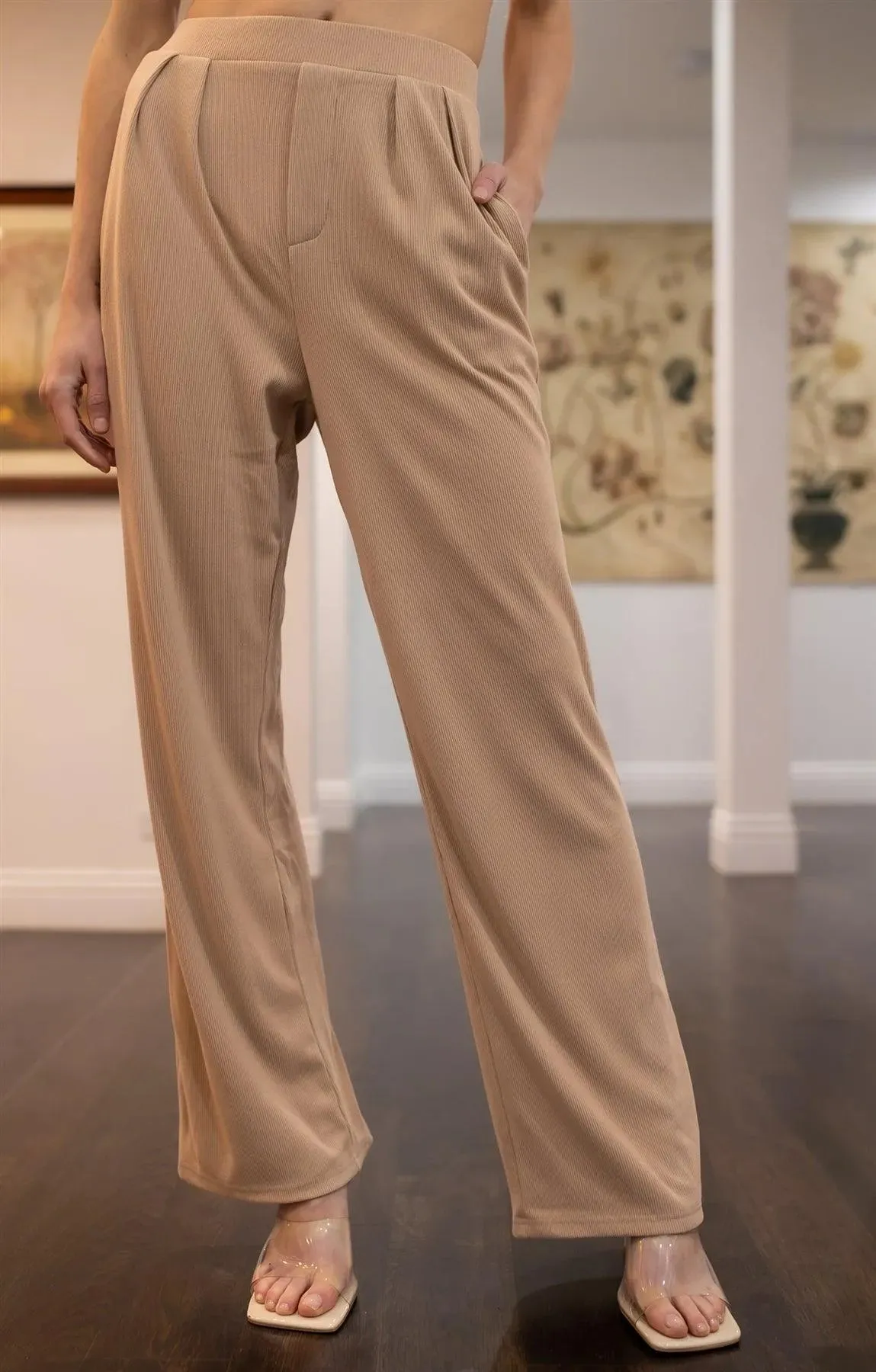 Camel Ribbed Front Twist Crop Top & Fold Pleated Wide Leg Pants Set /3-2-1