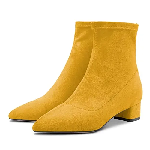 Castamere Women Chunky Block Low Heel Close Pointed Toe Ankle Boots Short Bootie Slip-on Zipper 1.4 Inches Heels Classic Cute Shoes Yellow