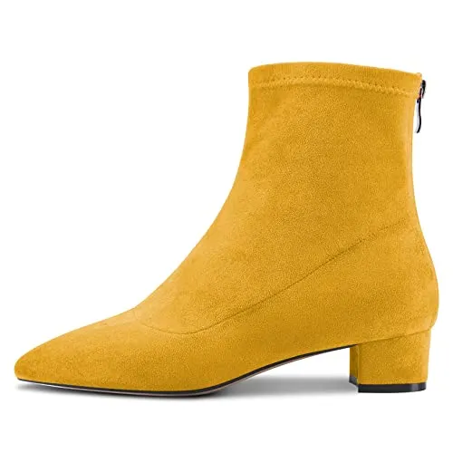 Castamere Women Chunky Block Low Heel Close Pointed Toe Ankle Boots Short Bootie Slip-on Zipper 1.4 Inches Heels Classic Cute Shoes Yellow