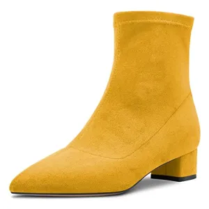 Castamere Women Chunky Block Low Heel Close Pointed Toe Ankle Boots Short Bootie Slip-on Zipper 1.4 Inches Heels Classic Cute Shoes Yellow