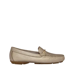 Metallic sand-colored leather moccasin