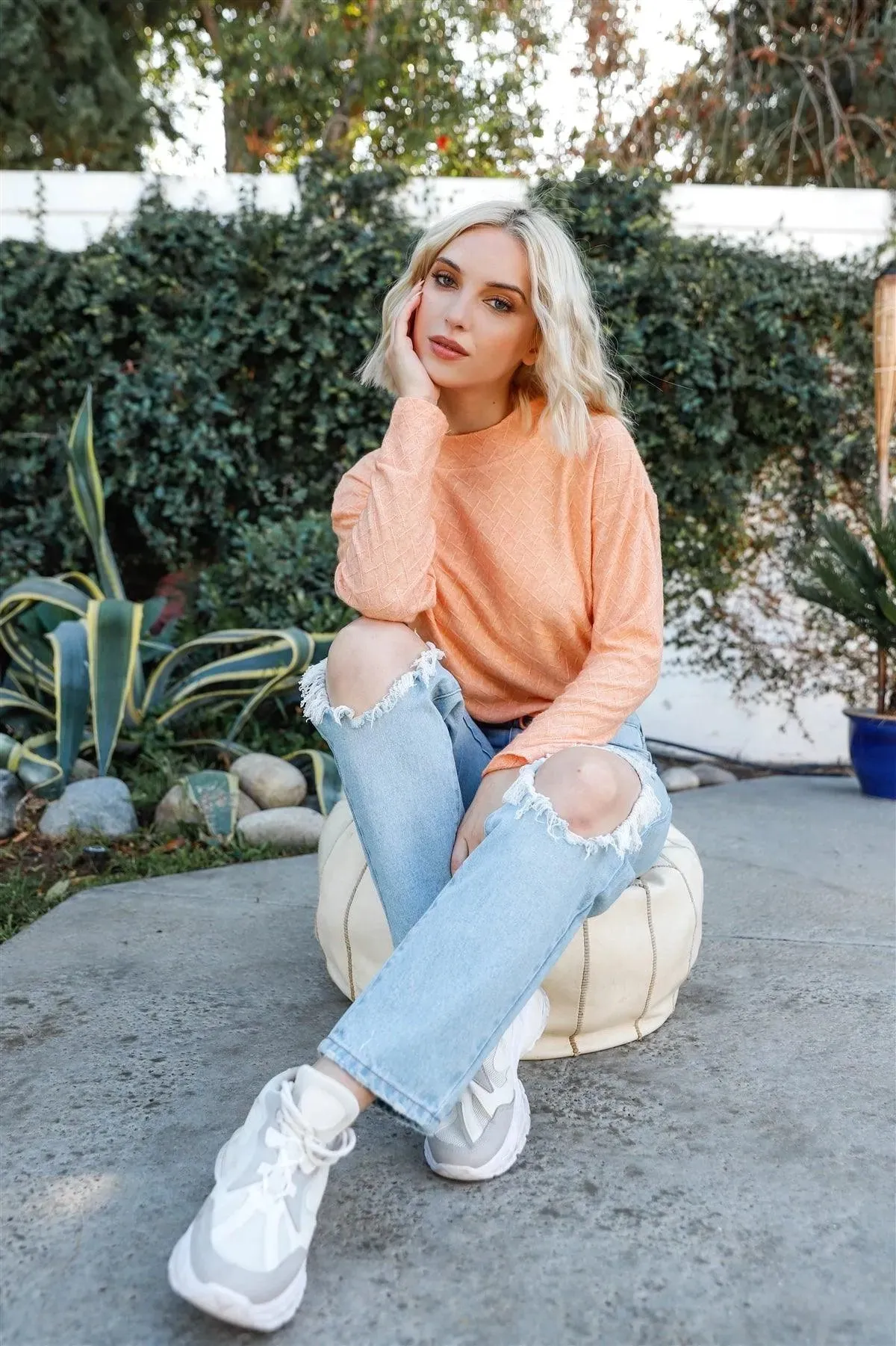 Orange Textured Self-Tie Hem Mock Neck Top /3-2-1