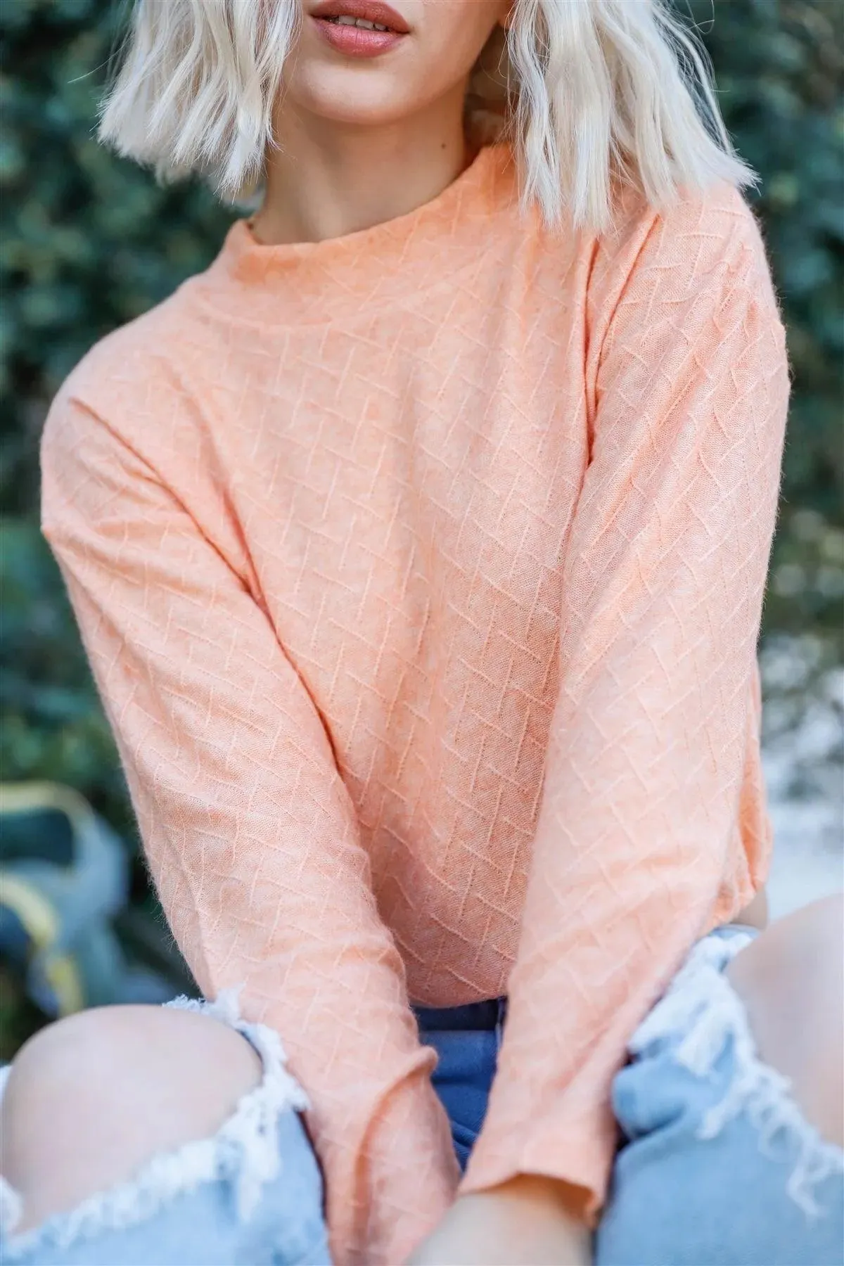 Orange Textured Self-Tie Hem Mock Neck Top /3-2-1