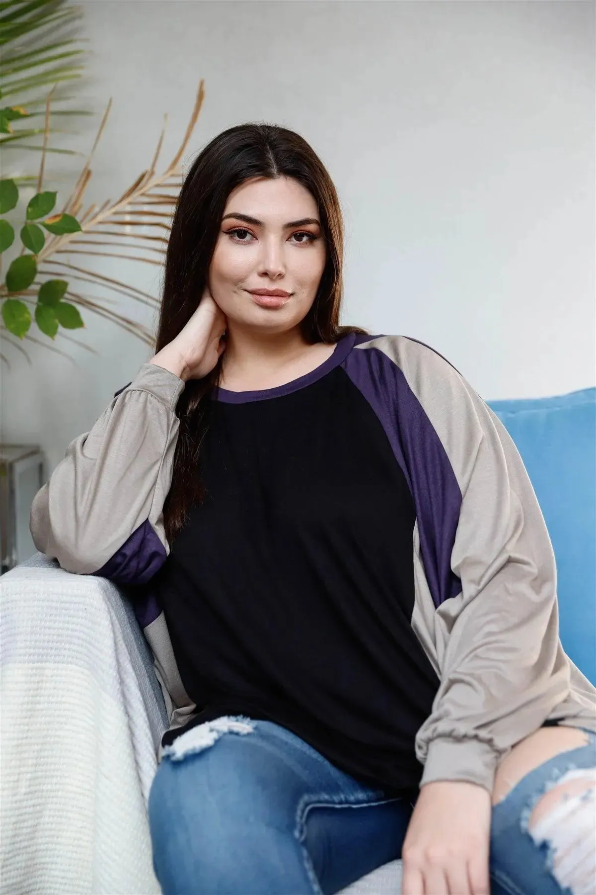 Plus Size Black & Purple Colorblock Dolman Sleeve Oversized Top