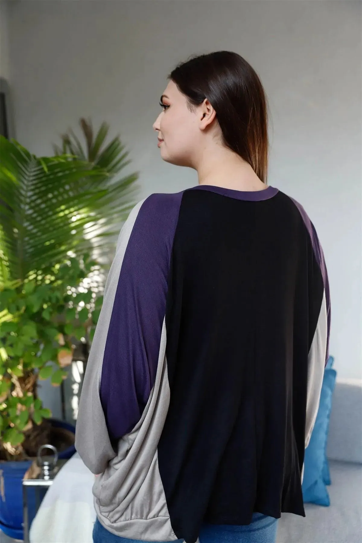 Plus Size Black & Purple Colorblock Dolman Sleeve Oversized Top