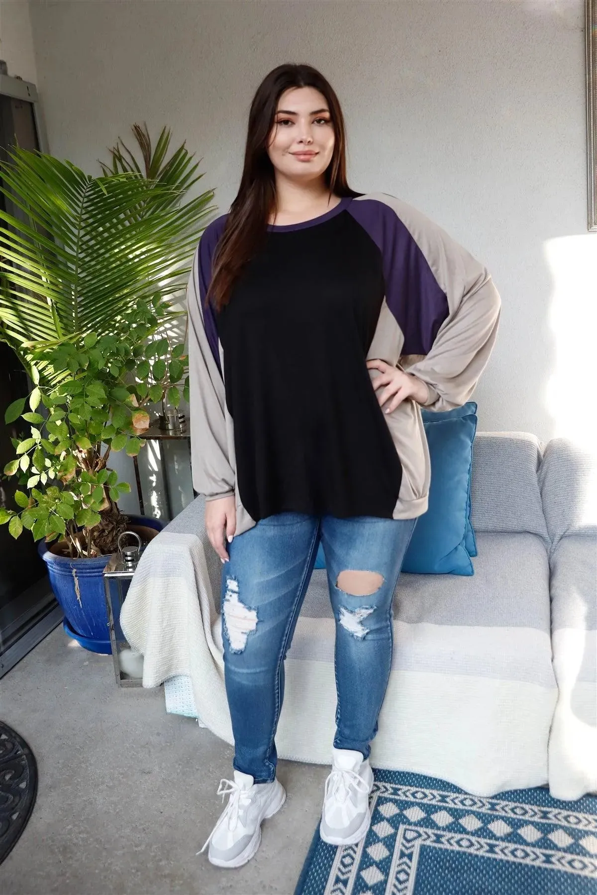 Plus Size Black & Purple Colorblock Dolman Sleeve Oversized Top