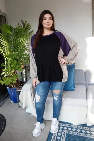 Plus Size Black & Purple Colorblock Dolman Sleeve Oversized Top