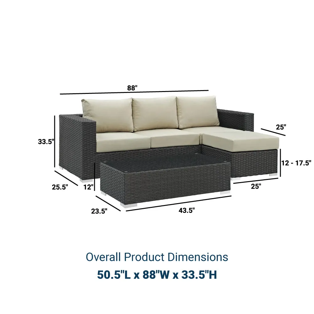 Sojourn 3 Piece 3 Seater Outdoor Patio Sunbrella Sectional Set With Ottoman