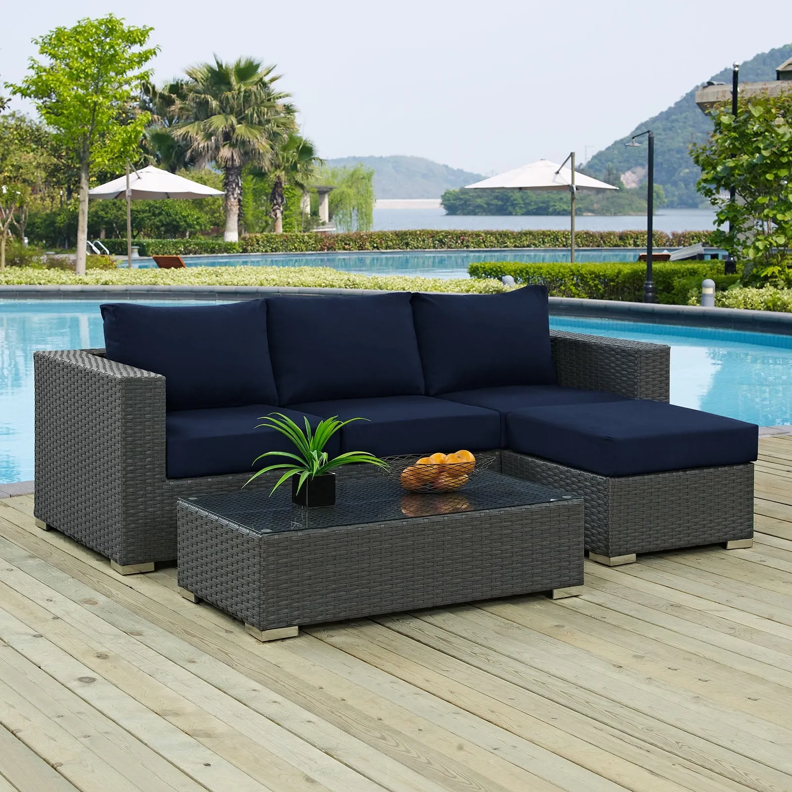 Sojourn 3 Piece 3 Seater Outdoor Patio Sunbrella Sectional Set With Ottoman