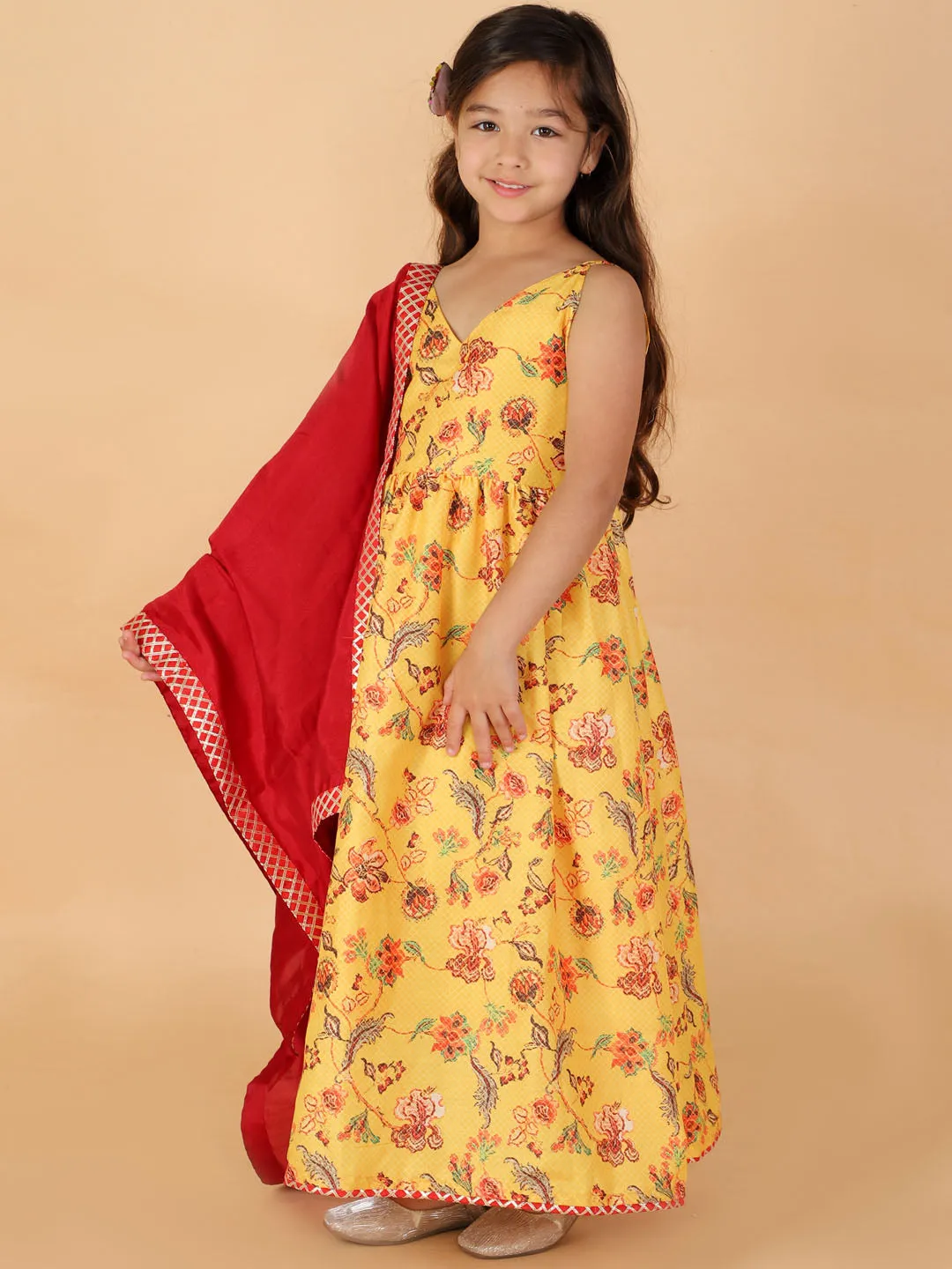 VASTRAMAY Girl's Yellow Floral Print Anarkali Kurta With Dupatta