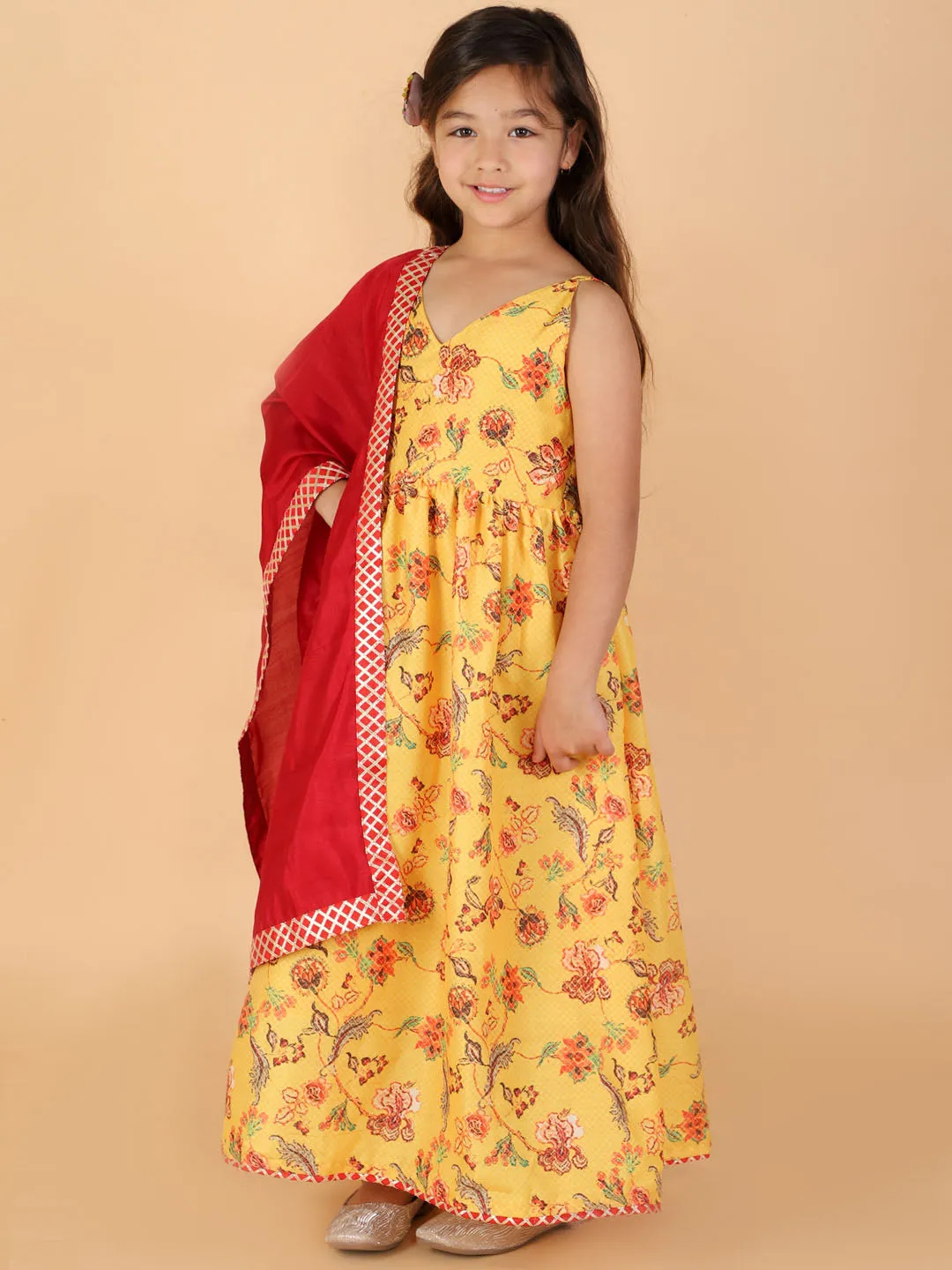 VASTRAMAY Girl's Yellow Floral Print Anarkali Kurta With Dupatta
