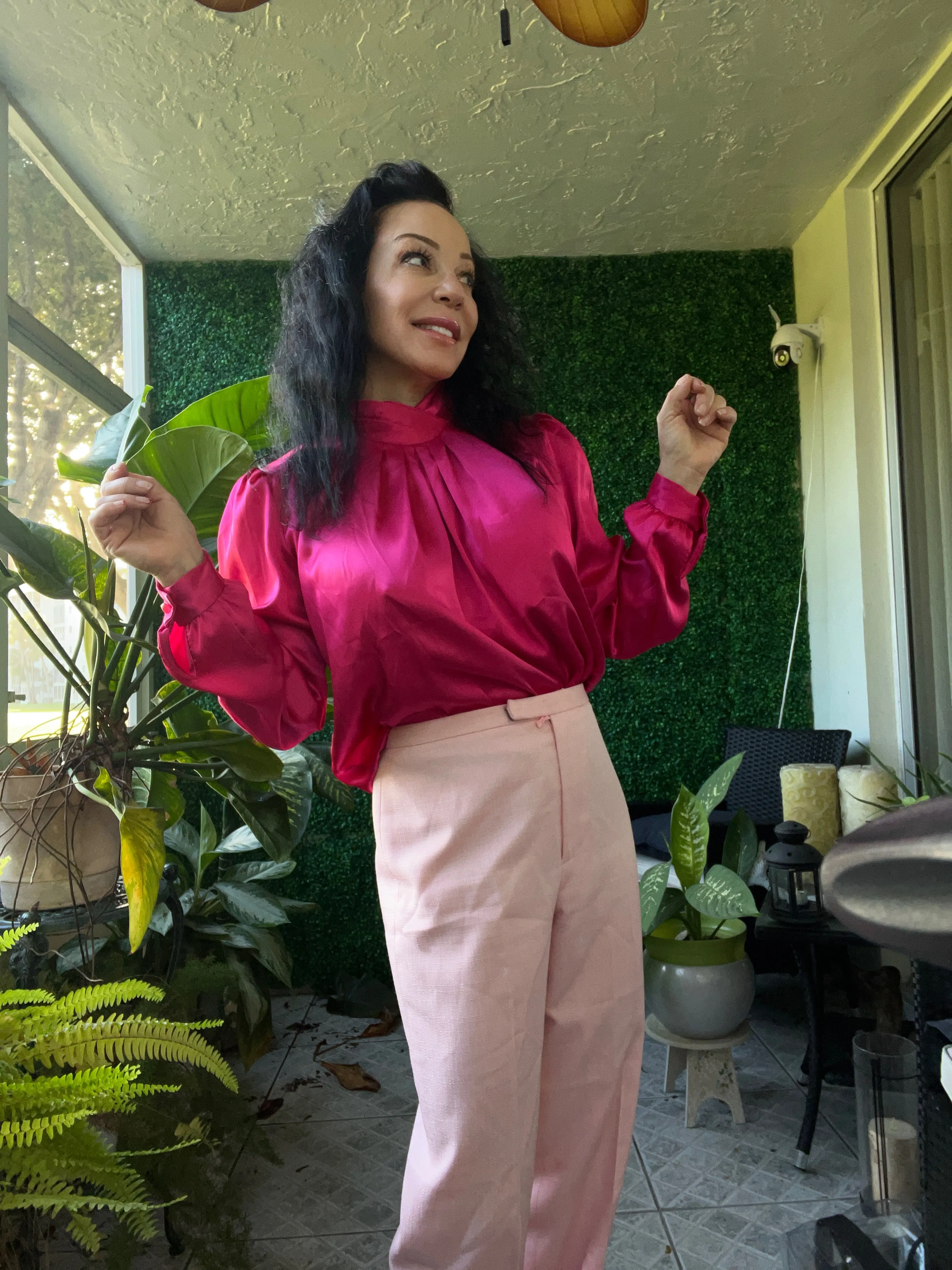 Vintage 80s Pink pleated halter neck long sleeve shirt with shoulder pads