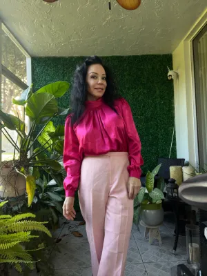 Vintage 80s Pink pleated halter neck long sleeve shirt with shoulder pads