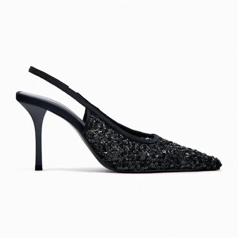 Women Black Mesh Sequins Pointed Toe High Heels Slingbacks