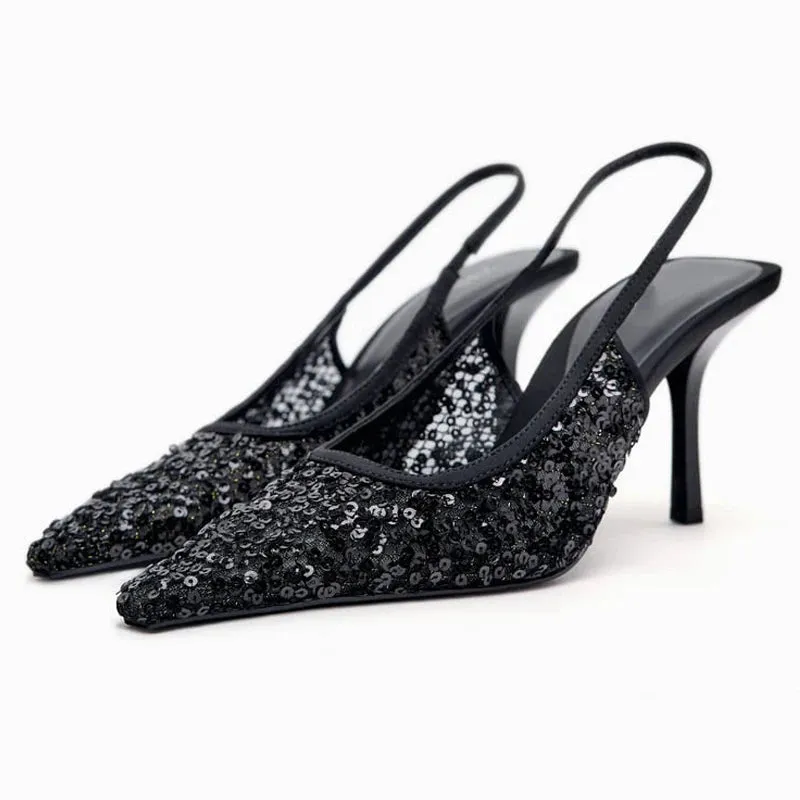 Women Black Mesh Sequins Pointed Toe High Heels Slingbacks