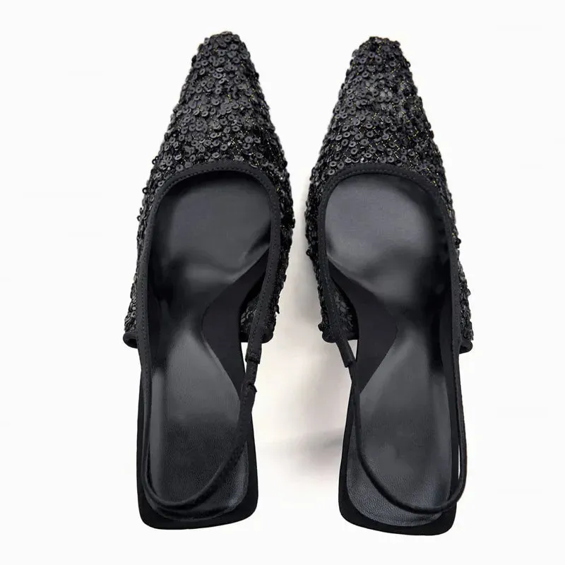 Women Black Mesh Sequins Pointed Toe High Heels Slingbacks