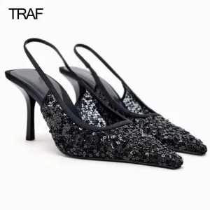 Women Black Mesh Sequins Pointed Toe High Heels Slingbacks