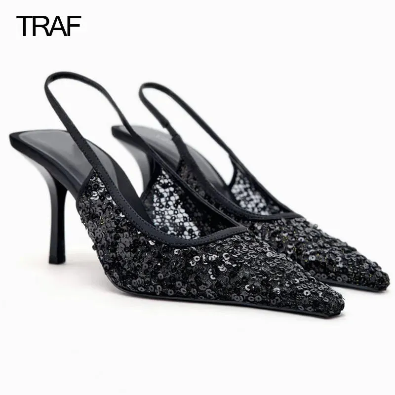 Women Black Mesh Sequins Pointed Toe High Heels Slingbacks