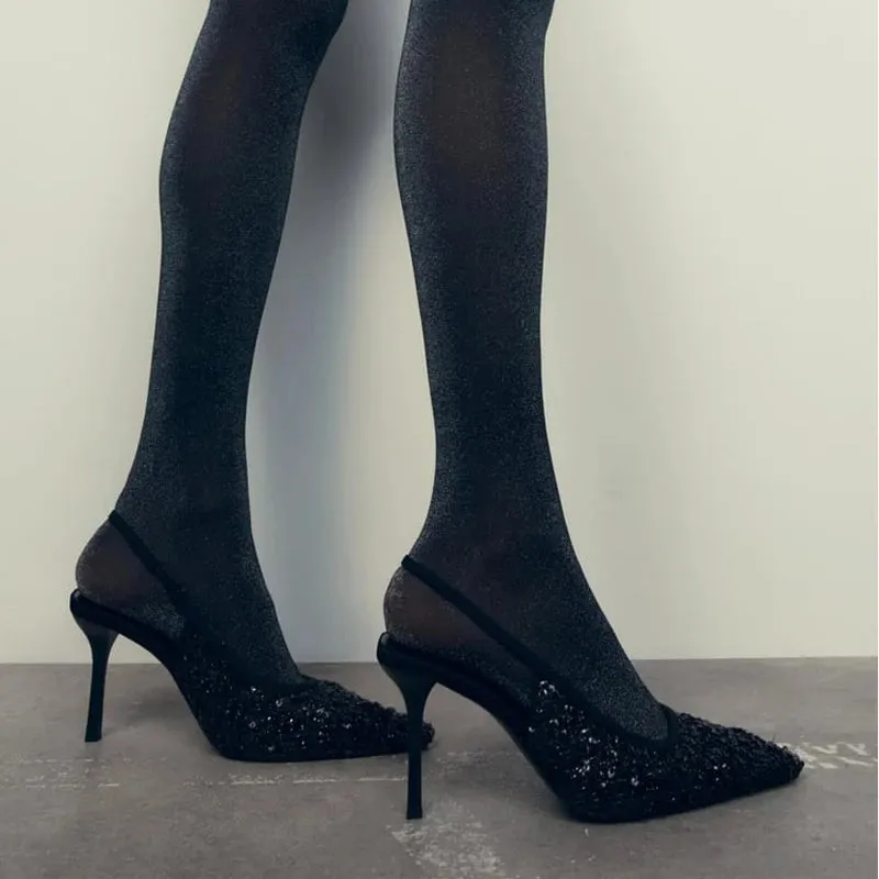 Women Black Mesh Sequins Pointed Toe High Heels Slingbacks