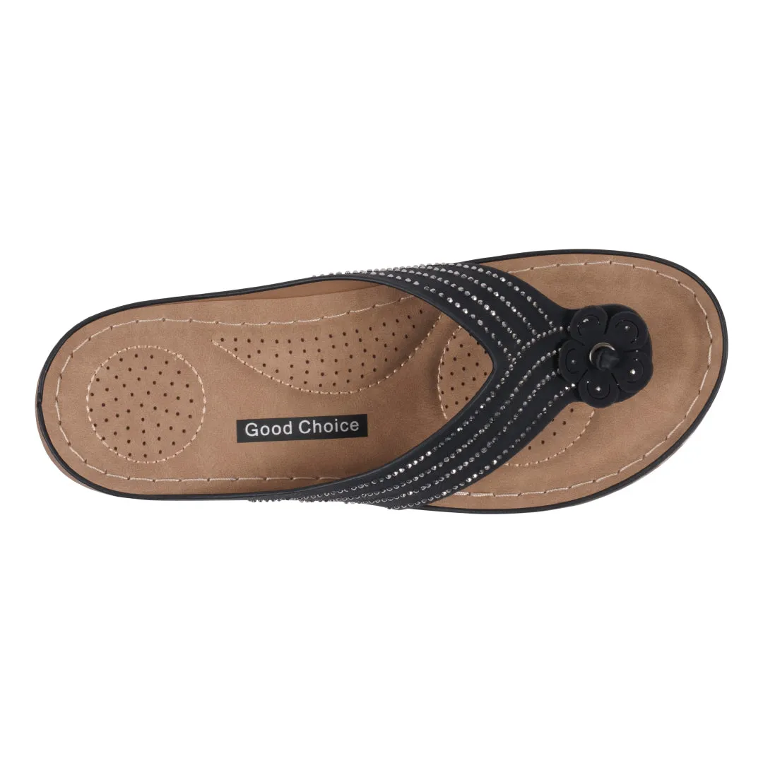 Women's Amari Black Flower Thong Flat Comfort Sandals