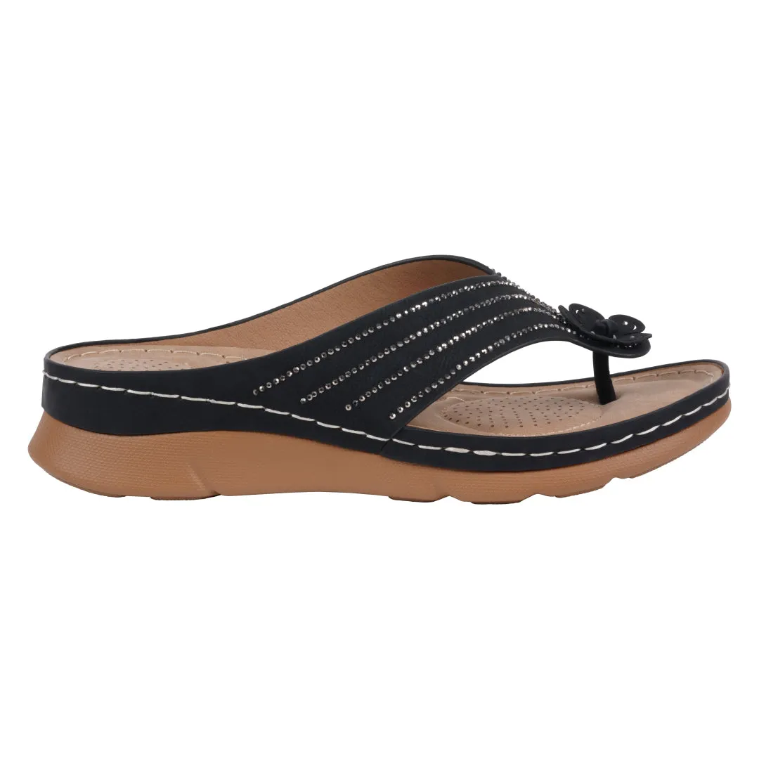 Women's Amari Black Flower Thong Flat Comfort Sandals